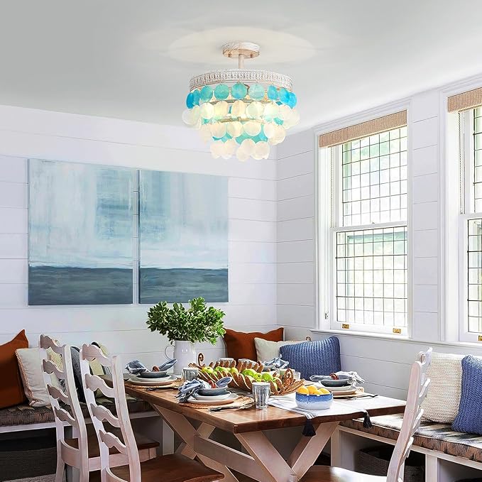 White Blue Capiz Shell Ceiling Light, Capiz Shell Chandeliers for Dining Room, Living Room, Bedroom, Hallway, D12.6'' × H13.4'', 3 * E12 Sockets, White Finish Frame & White Blue Shell - Aura Lighting