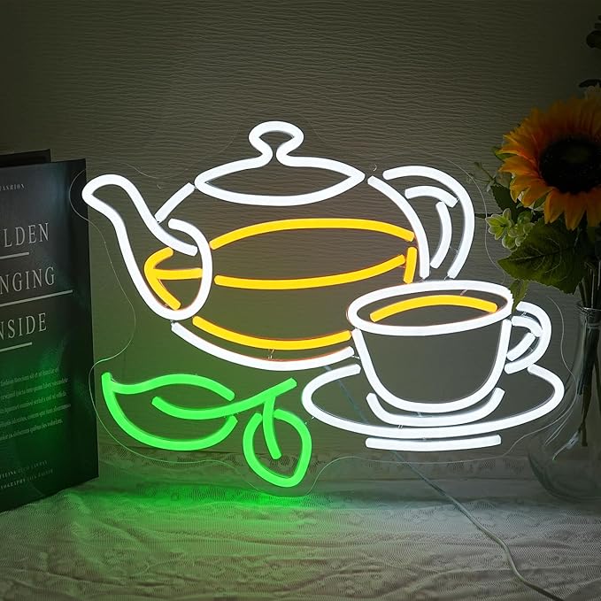 Tea Neon Sign for Wall Decor Tea Pot Neon Light Drinks LED Neon Signs Colorful Tea Cup Led Neon Sign for Teashop Store Cafe Coffee Shop Mall Kitchen Tea Plantation Decoration