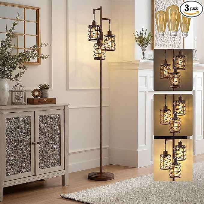 BOBOMOMO 70" Farmhouse Dimmable Floor Lamp, Walnut Brown Industrial Metal Cage Standing Lamp with 3 LED Bulbs, Stepless Dimming Tall Tree Lamp for Living Room, Bedroom, Office, Corner