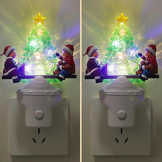 2 Pack Christmas Night Lights Plug into Wall Christmas Tree Nightlights with USB/Outlet Options, Xmas Tree Night Lights Decorative for Bedroom Living Room Kitchen Holiday Decorations Gifts (Seesaw)