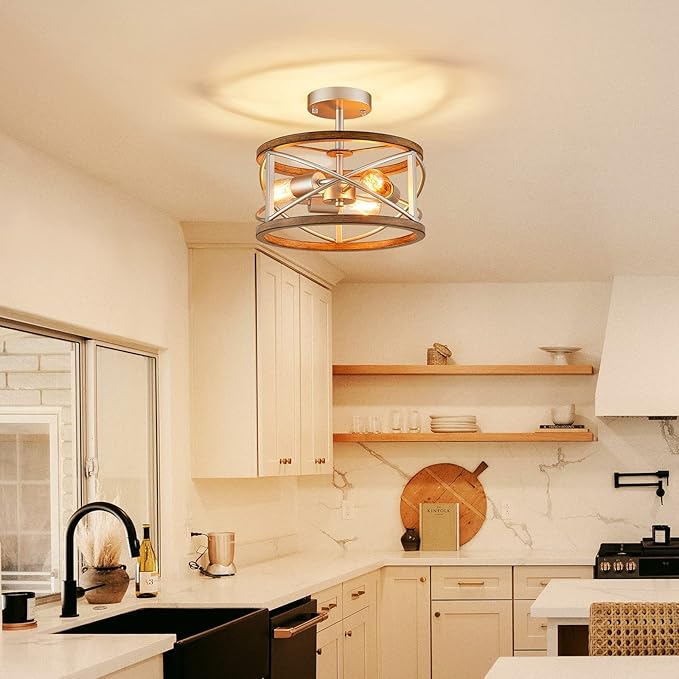 WUZUPS Chandelier 3-Light Vintage Farmhouse Industrial Imitation Wood Grain Semi-Flush Mount Ceiling Light Lighting Fixture for Foyer Hallway Storage Room Kitchen Bathroom, H 9.4" W 12", Nickel