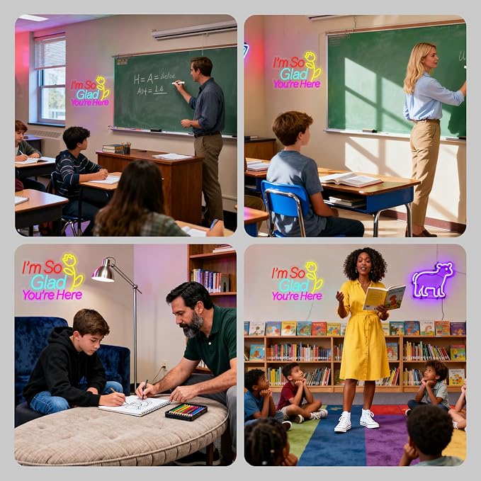 "I'm So Glad You're Here" Neon Sign - Classroom Welcome Decor with Rose, 15.7"x12.2" Multicolor LED Sign, USB Powered & Dimmable, Hanging Chain Included