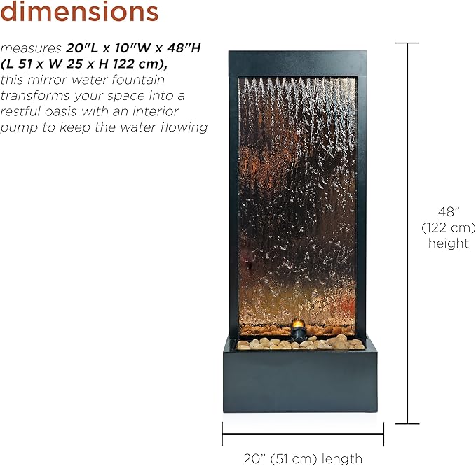 Alpine Corporation 48" Tall Indoor Modern Wall Mounted Zen Mirror Waterfall Floor Fountain with Stones and LED Lights Decor for Office, Living Room, Entryway, Bronze