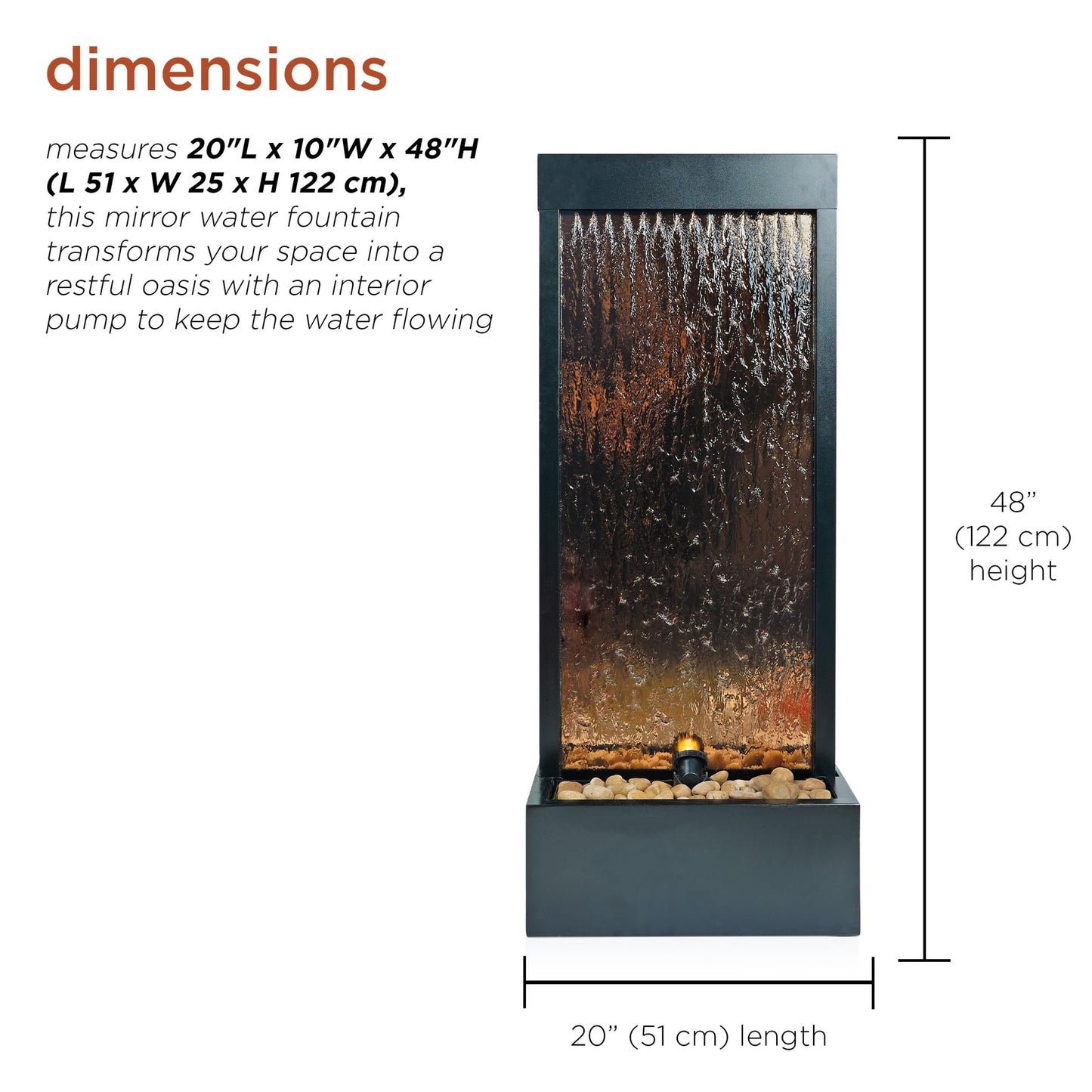 48" Tall Indoor Modern Wall Mounted Zen Mirror Waterfall Floor Fountain with Stones and LED Lights Decor for Office