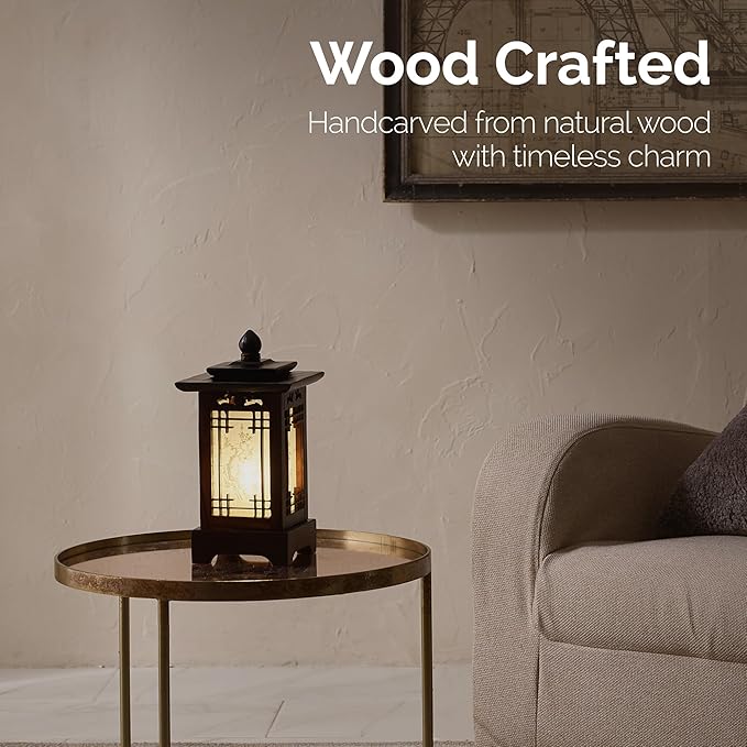 Antique Alive Traditional Korean Wood Lamp | Handmade Asian Oriental Table Lantern | Bedside Bedroom Accent Light | Unique Gift Idea | Hanok Design (Brown) (Pagoda)
