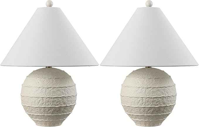 JONATHAN Y 21" Antique White Coastal Cottage Textured Resin Table Lamp Set of 2, Farmhouse Ridged Nightstand Lamps for Living Room Bedroom, White Linen Shade, LED Bulbs JYL9205A-SET2