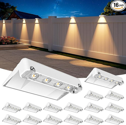 NIORSUN Solar Fence Lights Outdoor 16 Pack, IP65 Waterproof Large Size LED Solar Deck Lights with Lenses, Auto ON Off Warm White Step Lights for Outside, Patio, Fence, Yard and Railing Decor (White)