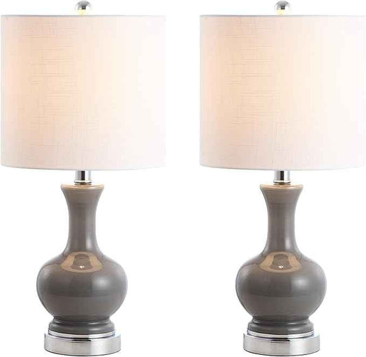 JONATHAN Y 21.5" Gray/Chrome Modern Glass Table Lamp Set of 2, Brass Gold Bedside Lamp with White Linen Shade for Bedroom Living Room, LED Bulbs Included (JYL4033B-SET2)