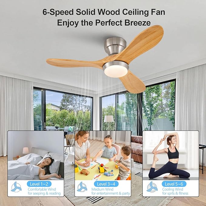 36 Inch Wood Flush Mount Ceiling Fans with Lights and Remote, Dimmable 3 Blades Bedroom Ceiling Fan Outdoor Ceiling Fans for Patios Low Profile Ceiling Fan with Light for Living Room