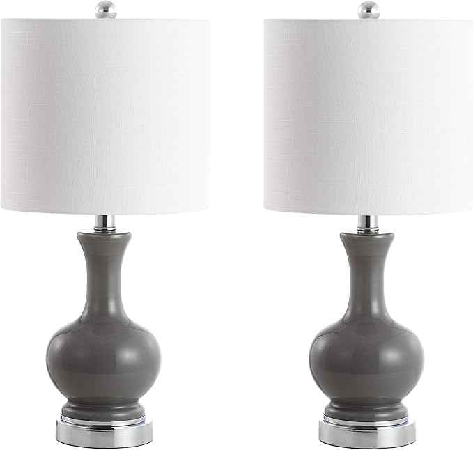 JONATHAN Y 21.5" Gray/Chrome Modern Glass Table Lamp Set of 2, Brass Gold Bedside Lamp with White Linen Shade for Bedroom Living Room, LED Bulbs Included (JYL4033B-SET2)