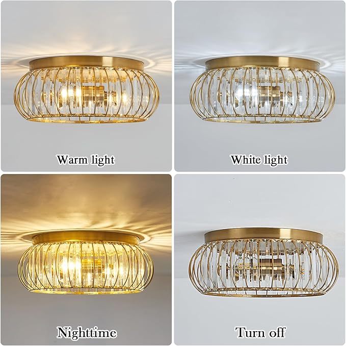 YYJLX Crystal Flush Mount Ceiling Light Fixtures Modern Gold Ceiling Light 3 Light Ceiling Chandelier for Hallway Bedroom Bathroom Foyer Living Room Dining Room Kitchen.