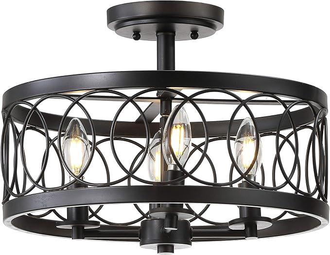 JONATHAN Y 15.5" Oil Rubbed Bronze 4-Light Metal LED Semi-Flush Mount Ceiling Light, Metal Fretwork Shade for Bedroom Entryway Hallway, Traditional Round Dimmable Fixture JYL9040A
