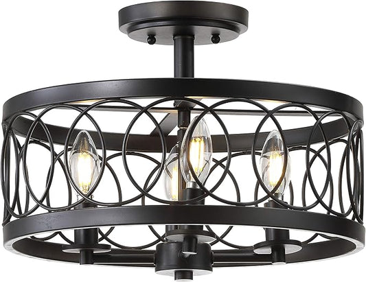 JONATHAN Y 15.5" Oil Rubbed Bronze 4-Light Metal LED Semi-Flush Mount Ceiling Light, Metal Fretwork Shade for Bedroom Entryway Hallway, Traditional Round Dimmable Fixture JYL9040A