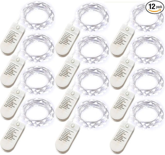 [12-Pack] 8 Modes Fairy String Lights with Timer, 20 LEDs Lights on 6.5ft Silver Wire,Fairy Lights Battery Powered 2xCR2032, 3 to 4 Days in the Timing, Party,Wedding,Christmas Table Decor,Cool White