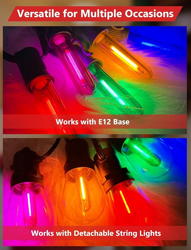 12 Pack T13 LED Multicolor Replacement Bulbs, E12 Candelabra Base LED Bulbs for Outdoor String Lights, Night Light, Christmas Candles, Window Lights, 0.6W Energy Saving Decorative Multicolor Bulb