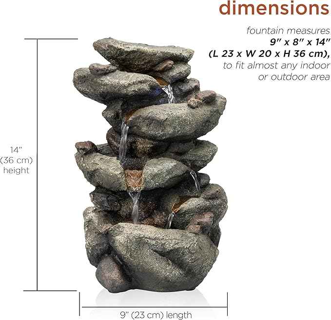 Alpine Corporation TZL154 14" Indoor Tabletop Rainforest Rock Water Fountain with LED Lights, Tiered Desktop Fountain for Home and Office Décor, Gray