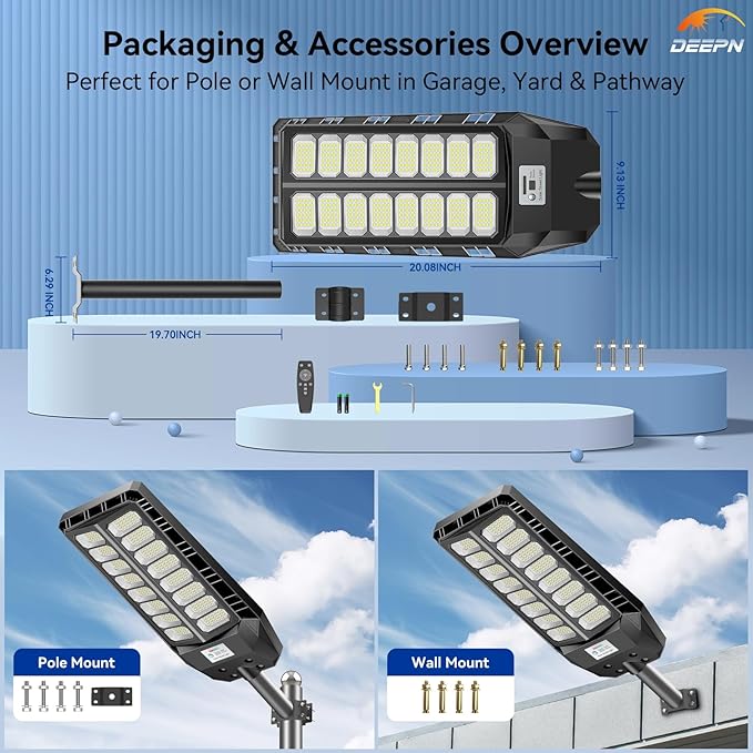 Deepn Solar Lights Outdoor 8000W, Solar Street Lights Outdoor Waterproof, 480 LED Security Flood Light 7000K Street Light 300000LM with Motion Sensor & Dusk to Dawn for Pathway & Yard, LA065W, 1 Pack