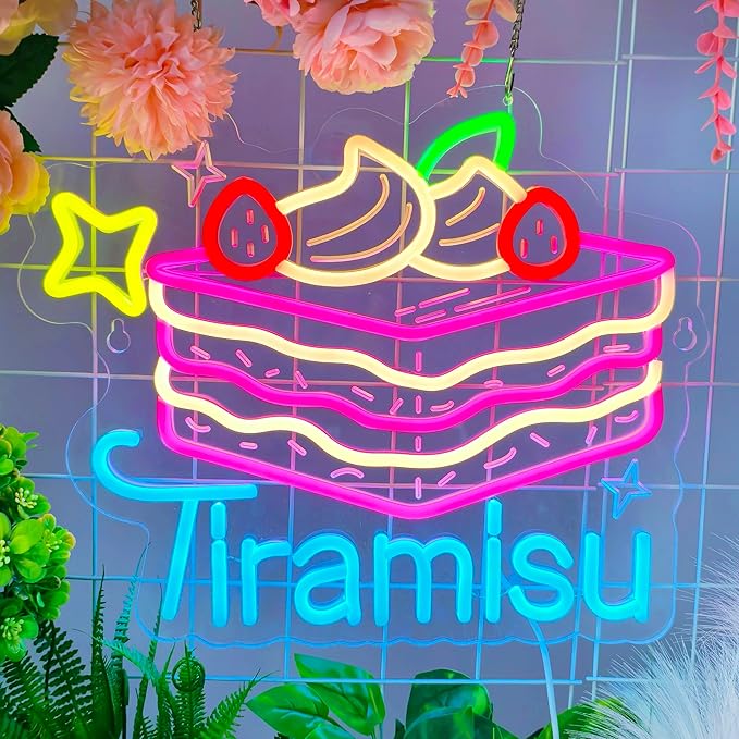 Tiramisu Neon Sign, Neon Lights Hanging Wall Art Decoration for Business Restaurant Shop Store House Bar Cafe Bakery Party Home Decor, USB Powered Ultra Bright Dimmable,14.57×12.2inches