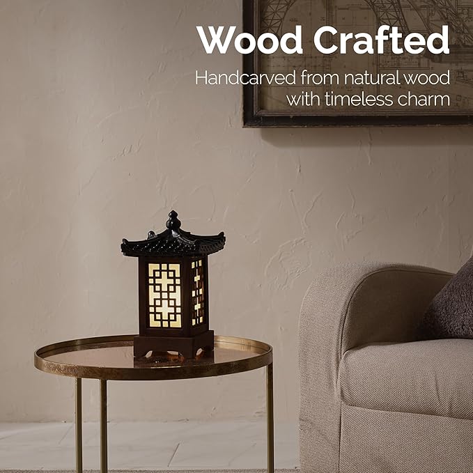 Traditional Korean Wood Lamp | Handmade Asian Oriental Table Lantern | Bedside Bedroom Accent Light | Unique Gift Idea | Pagoda Design (Brown) (Pine)