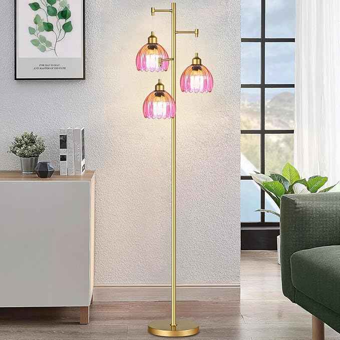 Floor Lamp for Living Room,Bedroom,Gold Mid Century Modern Standing Lamp Brass Tree 3 Light Tall Floor Lamps Vintage Retro Floor Lights Glass Flower Lamp Shade Farmhouse Boho Bohemian