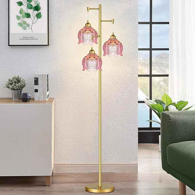 Glass Floor Lamp for Living Room,Bedroom,Gold Flower Mid Century Modern Standing Lamp Brass Tree 3 Light Tall Floor Lamps Vintage Floor Lights Pink Lamp Shade Farmhouse Boho Bohemian
