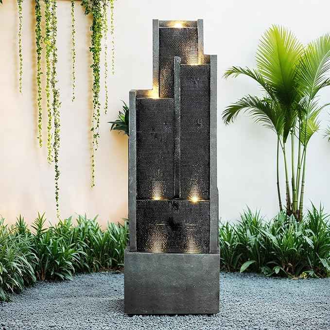 SunJet 5-Tier Modern Water Fountain, Indoor/Outdoor Resin Water Fountains with Soothing Water Sounds & Warm LED Light, Perfect for Garden, Patio, Home & Office, 16.9" L x 9.8" W x 50.7" H