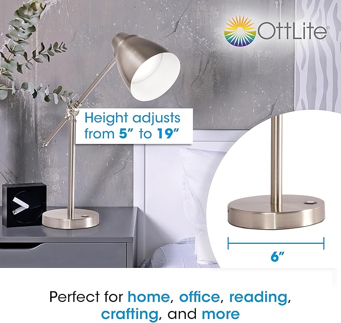Ottlite Harmonize LED Desk Lamp - 2.1A USB Charging Port, 3 Brightness Settings, Brushed Nickel