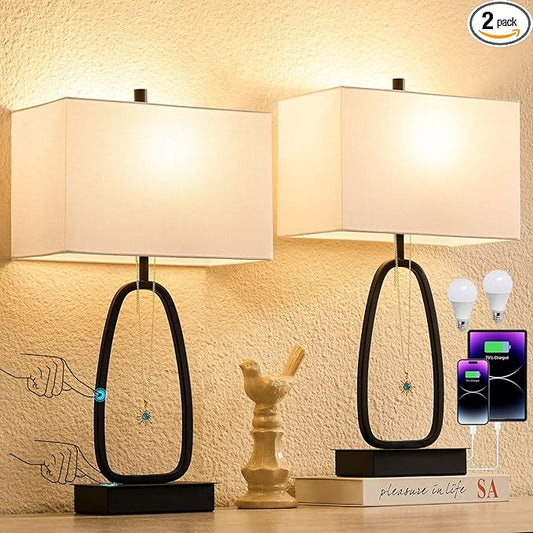 25" Set of 2 Modern Touch Table Lamps with 2 USB & AC Outlets, 3-Way Dimmable Bedroom Bedside Lamps for Nightstand Living Room Office Dining Room (LED Bulbs Included)