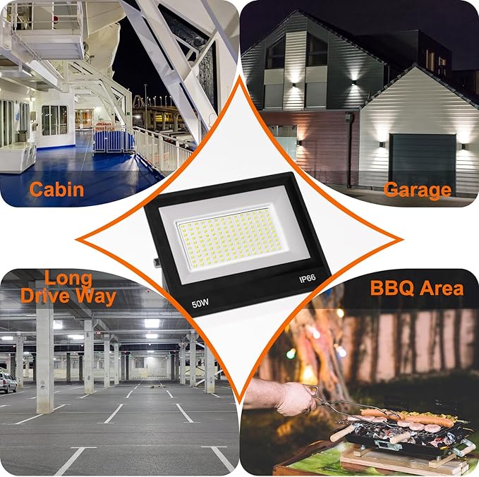 XXBSAZ 50W LED Security Flood Lights (2-Pack), 9000LM Super Bright for Home Safety, Easy 5-Min Plug-in, All-Weather IP66 Waterproof for Garages, Backyards, Driveways - Aura Lighting