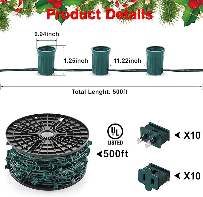 Ultimate Unicorn 500 FT C9 Light Socket Set Spool, Christmas Stringer Bulk Reel 12" Spacing, C9 Light Strand Green Wire, Christmas Stringer with E17 Sockets (10 Pairs of Plugs Included)