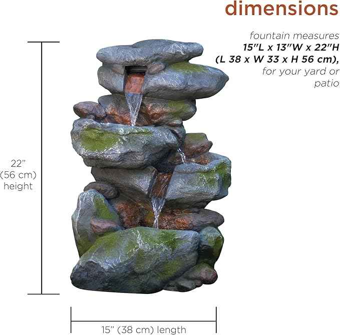 Alpine Corporation 22" Tall 3-Tier Outdoor Rock Waterfall Fountain with LED Lights, Natural Stone Look for Garden, Patio, Yard & Porch Decor, Gray