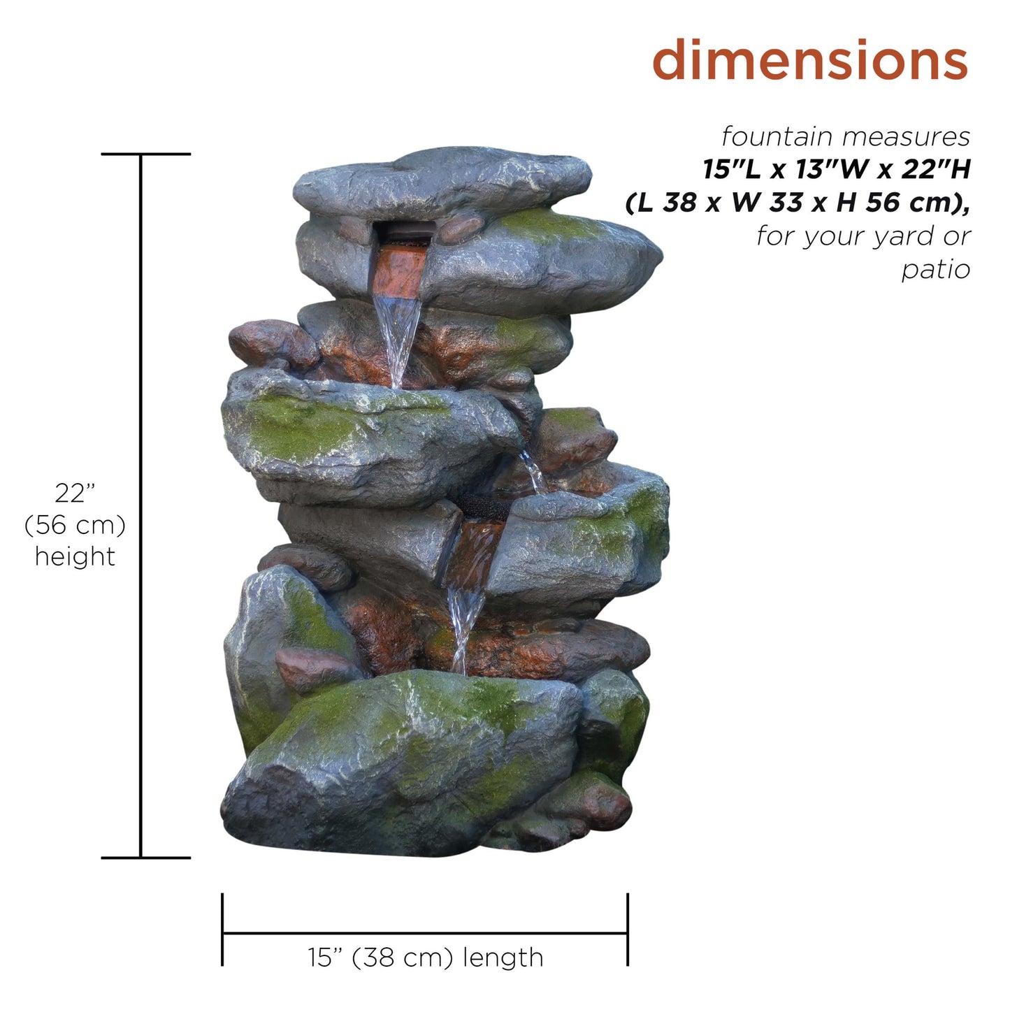 22" Tall 3 Tier Outdoor Rock Waterfall Fountain with LED Lights