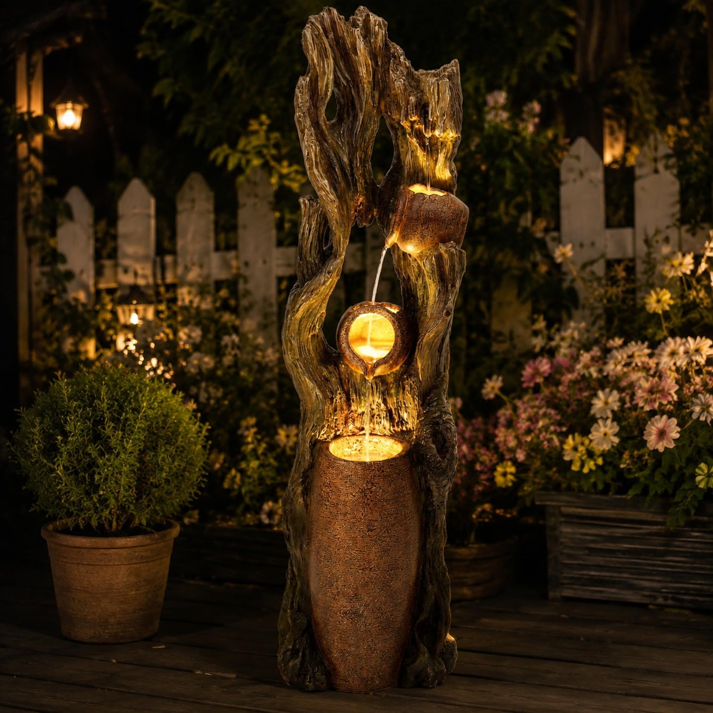 42.7" 3 Tier Outdoor Water Fountain LED Tree Trunk Jar Waterfall