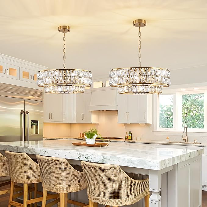 20 Inch Contemporary Luxury Crystal Chandelier, 6-Light Gold Semi-Flush Mount Ceiling Fixture, Round Crystal Pendant Design Perfect for Living Room, Dining Room, Kitchen, Foyer & Bedroom - Aura Lighting