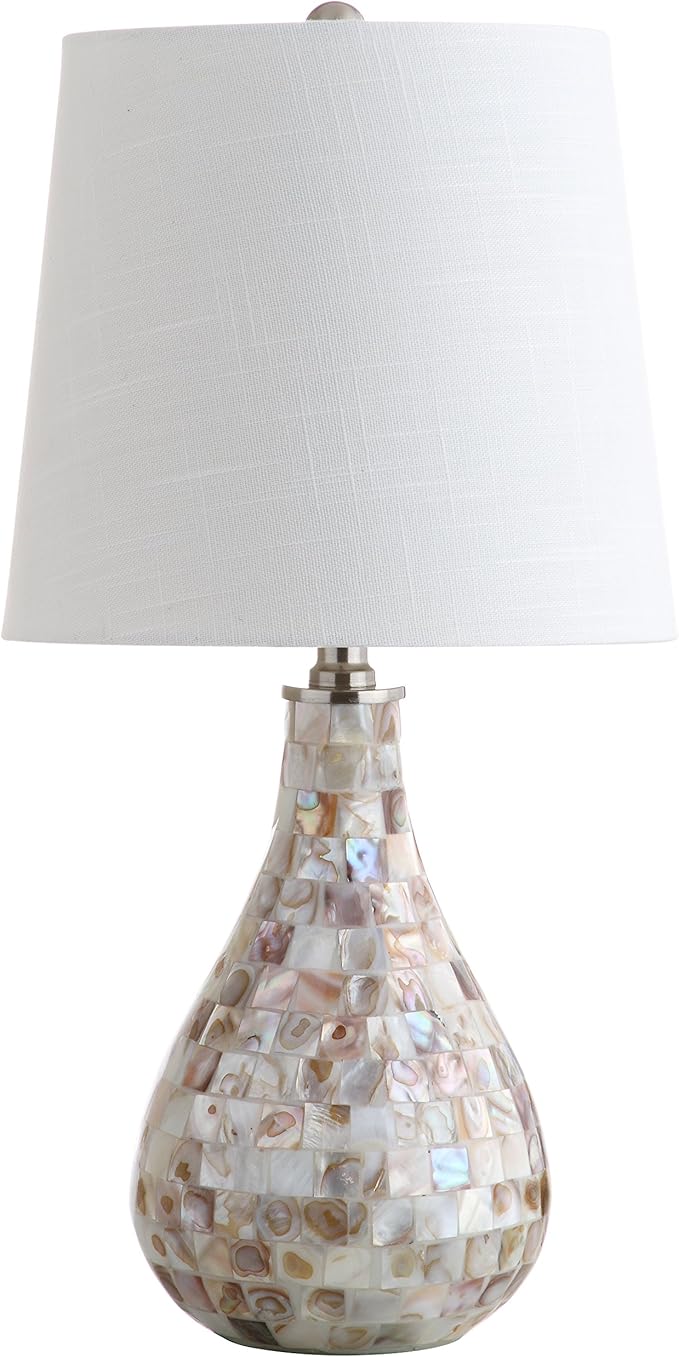 JONATHAN Y JYL1024A 20.5" Coastal Seashell Mosaic Table Lamp for Living Room, Bedroom, Bedside Nightstand Lamp with White Linen Drum Shade, Cottage Beach House Accent Lamp, LED Bulb Included