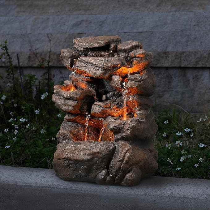 Outdoor Waterfall Fountain 20.5" Tiered with LED Lights, Natural Rock Design, Weatherproof Resin – Waterfall Fountain for Garden, Patio, Yard 24393