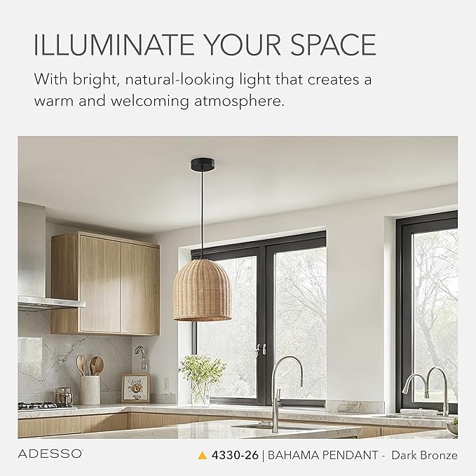 Adesso Dark Bronze Ceiling Pendant with Natural Rattan Shade – Adjustable Hanging Length, Ambient Accent Lighting for Kitchen, Living Room or Home Office