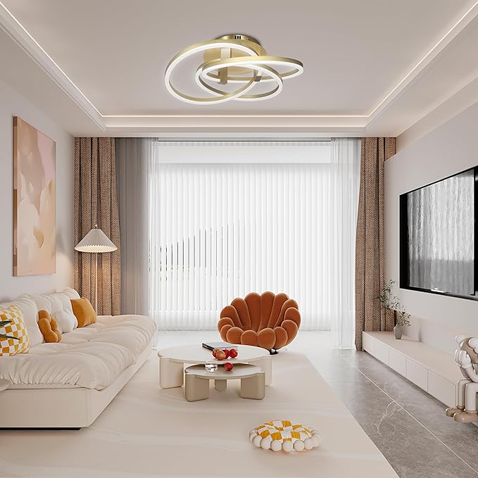Maxax 23.5" Gold Led Ceiling Light Fixture, Modern 3 Rings Flush Mount Chandelier, Close to Ceiling Lamp for Bedroom Living Room Dining Room Kitchen, ETL Listed