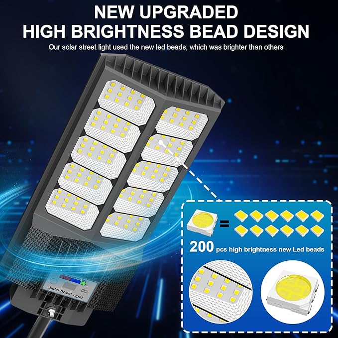 New 6500W Solar Street Lights Outdoor Waterproof - Commercial Outdoor Solar Light, 200pcs High Brightness LEDs, Solar Parking Lot Lights Dusk to Dawn for Yard Garden with Motion Sensor - 2 Pack