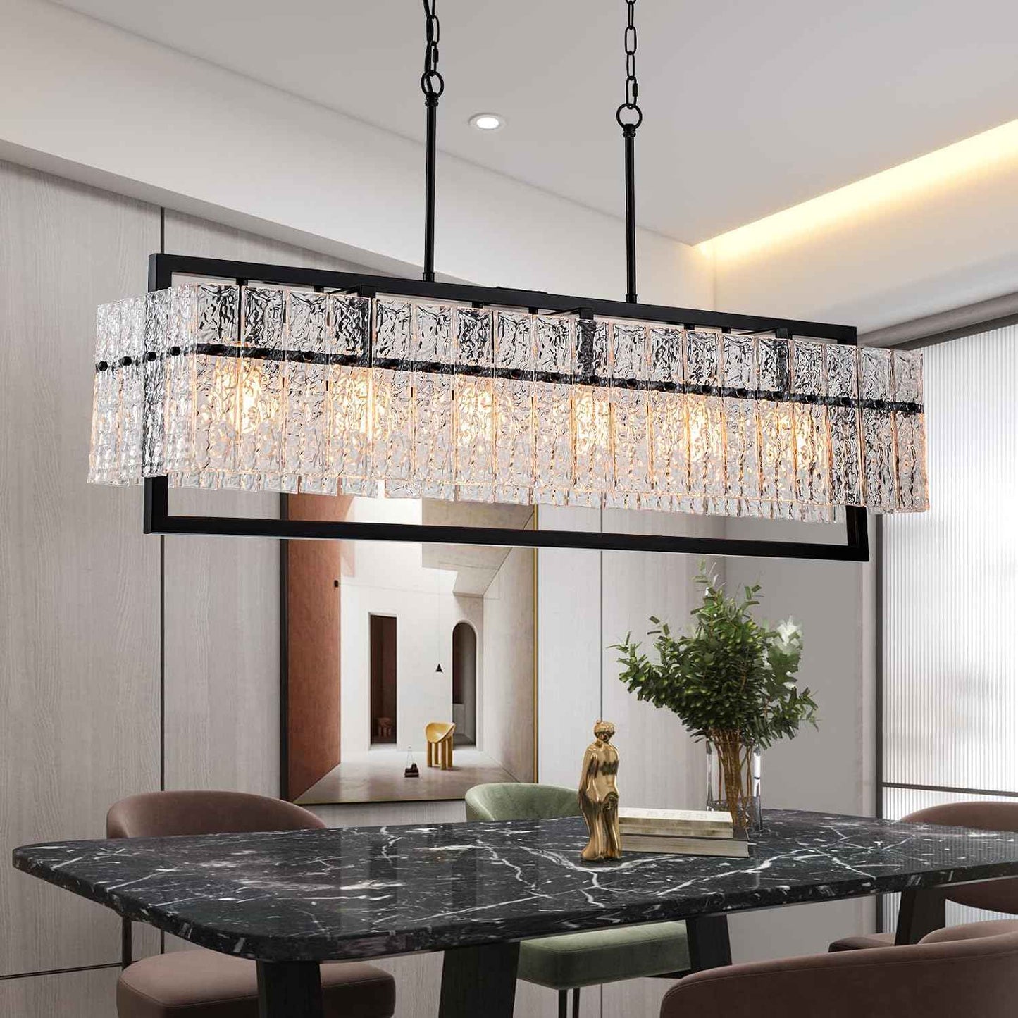 6-Light Black Linear Chandeliers for Dining Room, 42 Inch | Water Ripple Glass, Height Adjustable, E26 Base, Large Black Rectangle Kitchen Island Lighting for Living Room Over Table