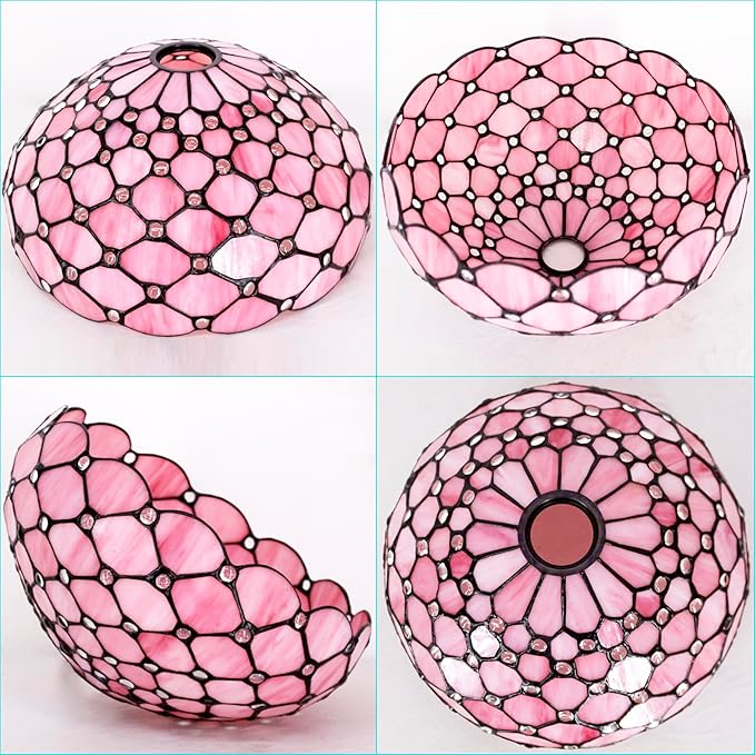 Tiffany Lamp Shade Replacement 12X6 Inch Stained Glass Lampshade Only 1-5/8-Inch Fitter Opening for Arched Floor Lamp, Torchiere Lamp, Pendant Light (Pink Pear Bead)