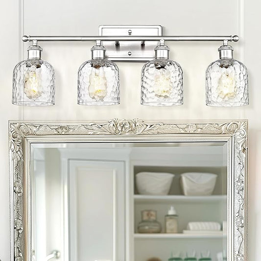 zeyu 27 Inch Bathroom Wall Light Over Mirror, 4-Light Vanity Lighting Fixture, Brushed Nickel Finish with Clear Hammered Glass, ZJF63B-4W BN