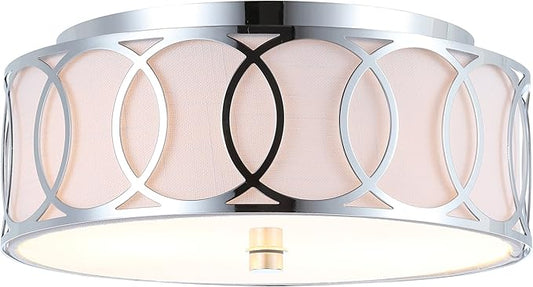 JONATHAN Y 12.25" Chrome Modern Metal LED Flush Mount Ceiling Light for Bedroom Hallway, White Linen Drum Shade with Geometric Fretwork, LED Bulbs Included (JYL3502B)