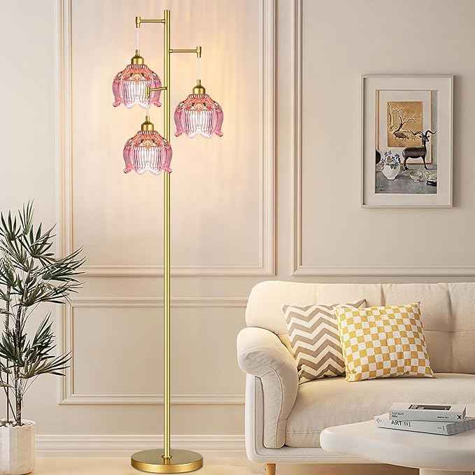 Glass Floor Lamp for Living Room,Bedroom,Gold Flower Mid Century Modern Standing Lamp Brass Tree 3 Light Tall Floor Lamps Vintage Floor Lights Pink Lamp Shade Farmhouse Boho Bohemian