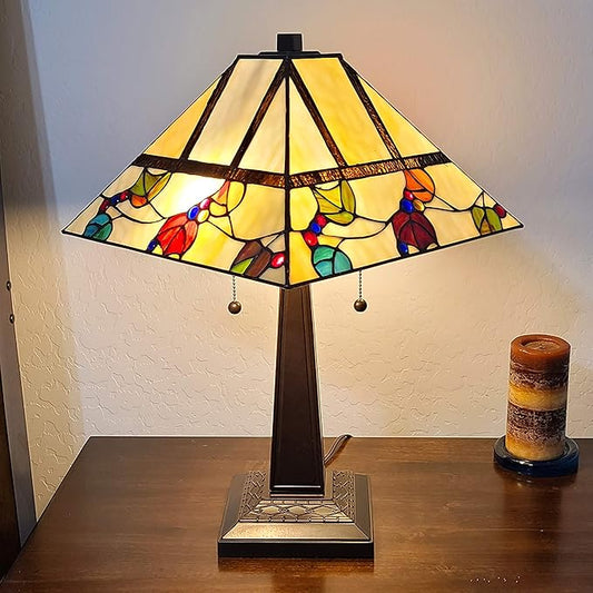 Tiffany Style Table Lamp Banker Mission 22" Tall Stained Glass Tan Blue Red Orange Green Vintage Antique Light Décor Night Stand Living Room Bedroom Handmade Gift AM301TL14B Amora Lighting, Multicolor