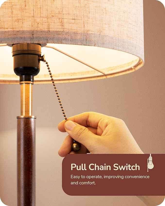 EDISHINE Mid Century Table Lamp, Bedside Lamp with Pull Chain Switch, Solid Wood & Metal Pole, Modern Nightstand Table Lamp for Living Room, Bedroom, Office, Frosted Bronze & Wood Finish