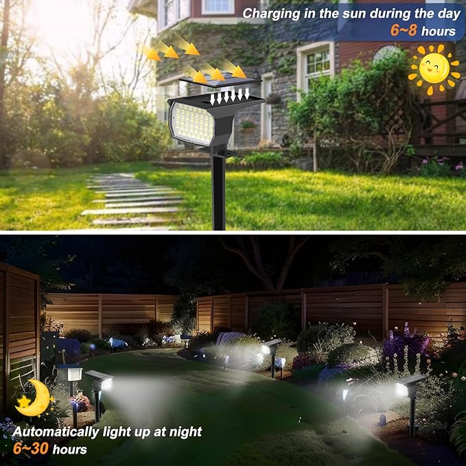 Solar Spot Lights Outdoor Waterproof IP65, 2 Pack Landscape Spotlights with 46 LEDs, 3 Modes Auto On/Off Solar Powered Flood Lights for Outside Pathway, Yard, Garden, Walkway (Cool White) - Aura Lighting