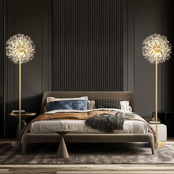 BesLowe 69'' Crystal Floor Lamp for Living Room, Modern Standing Lamp with 738PCS K9 Crystals, Tall Lamp Pole Light for Bedroom Office, Mid Century Gold Floor Lighting with 9 LED Bulbs, Antique Brass