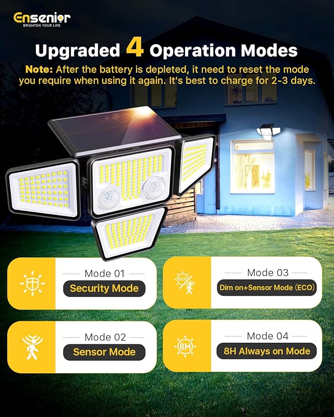 Ensenior Solar Lights Outdoor, Motion Sensor Outdoor Light with Remote Control, IP65 Waterproof 279 LED 4 Heads Solar Security Light with 4 Mode, 270° Wide Angle Solar Flood Light for Outside, 2 Packs