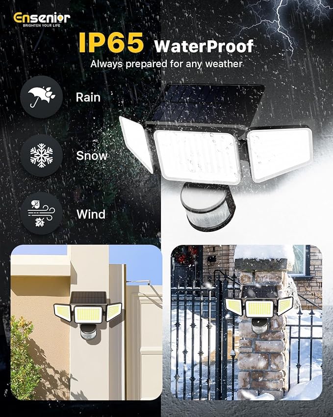 Ensenior Solar Motion Lights Outdoor, 228 LED Solar Security Lights with Remote Control, IP65 Waterproof 3 Heads Flood Light with 4 Modes, 270° Wide Angle Motion Sensor Light Outside - 4 Packs